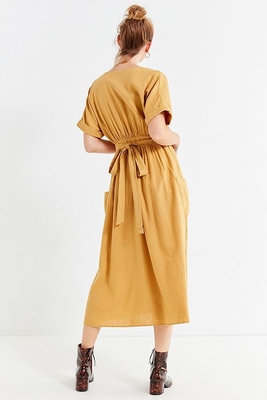 Latest Gold Linen Maxi Long Wrap V-neck Woman Dress with Pockets